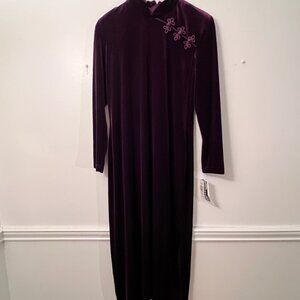 K.C. Spencer Dress 14 petite Velvet Purple Stretch Long Sleeve Maxi Qipao NWT